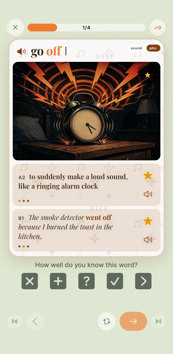 A RIFF phrasal-verb card, captured from the app
